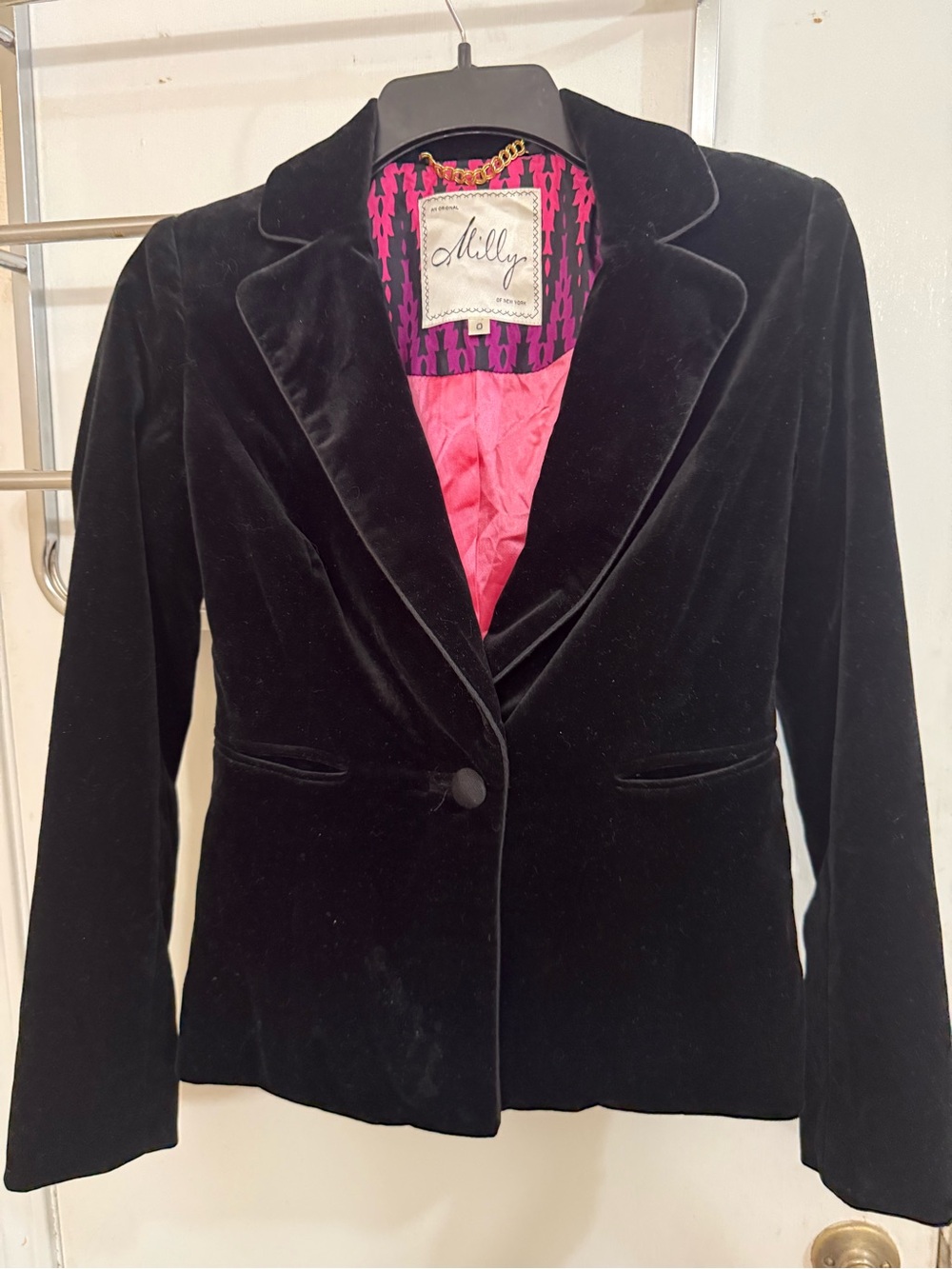 Milly Black Velvet Blazer with Pink Lining